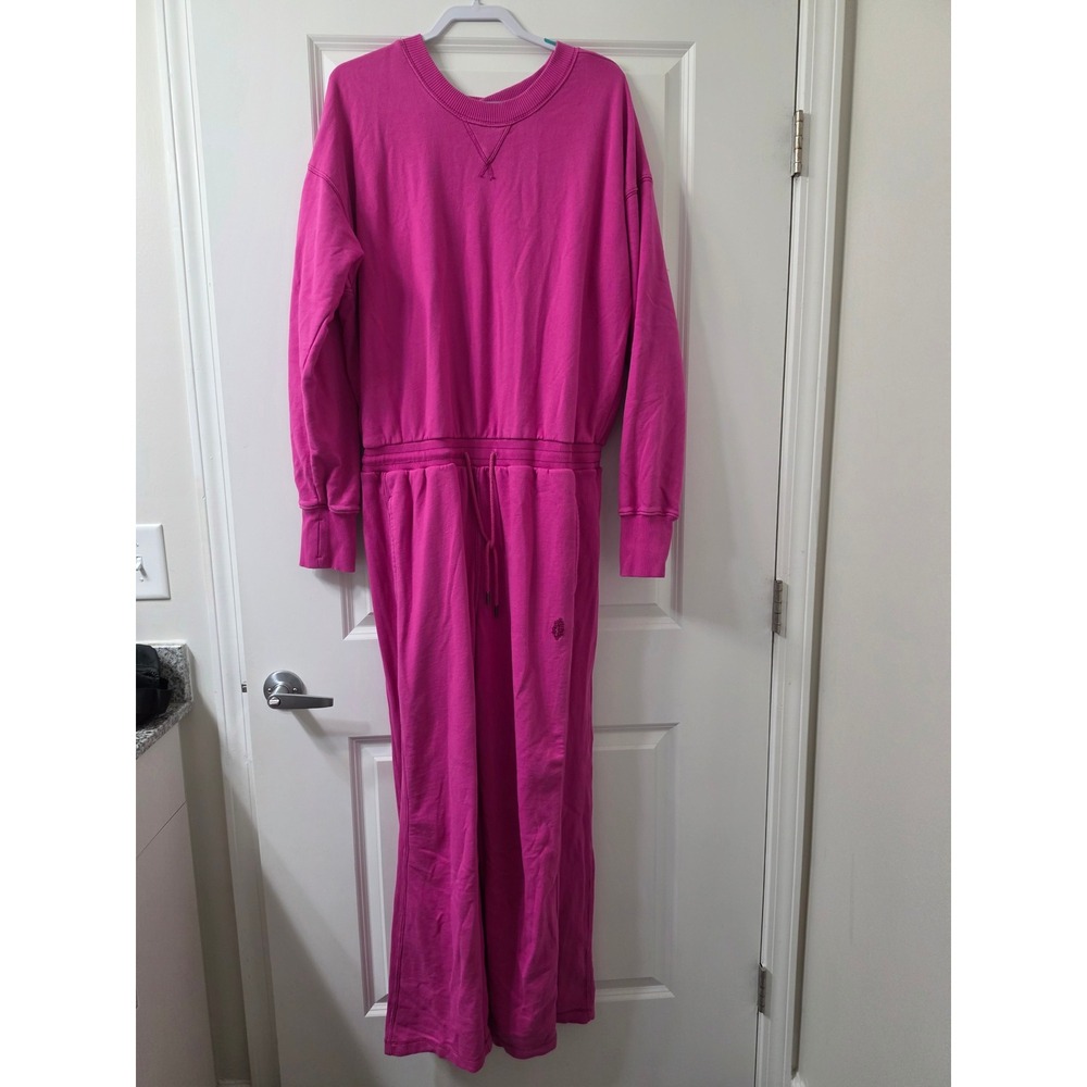 Free People FP Movement Hot Shot Jumpsuit Magenta Pink Open Back Thumbhole L/XL